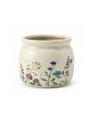 Pot de fleurs rond beige céramique fleurs 12x10cm