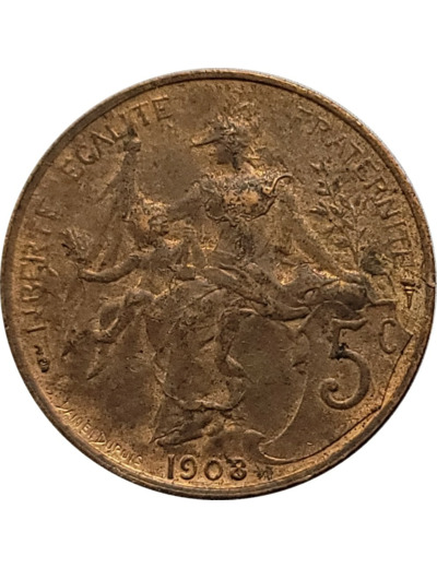 FRANCE 5 CENTIMES DUPUIS 1908 SUP- (G165)