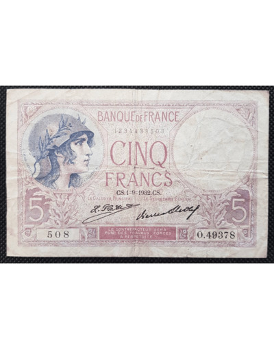 FRANCE 5 FRANCS VIOLET 1-9-1932 O.49378 TB+ F 03/16