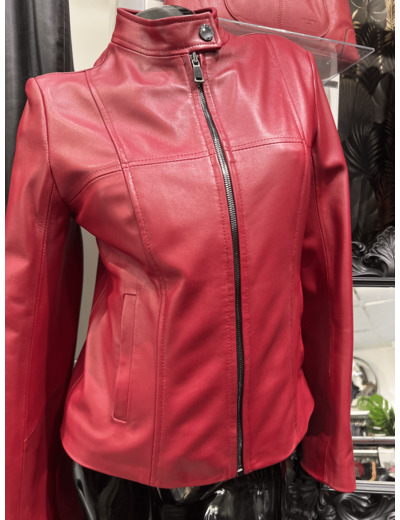 BLS4244 Blouson femme col motard cuir rouge