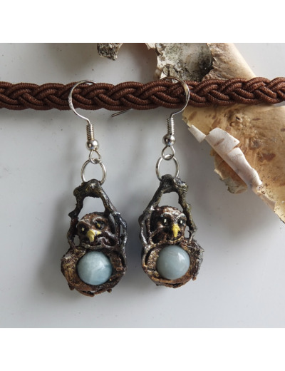 Boucles d'oreilles "Les ailes de la nuit" Chouette et pierre naturelle Agate