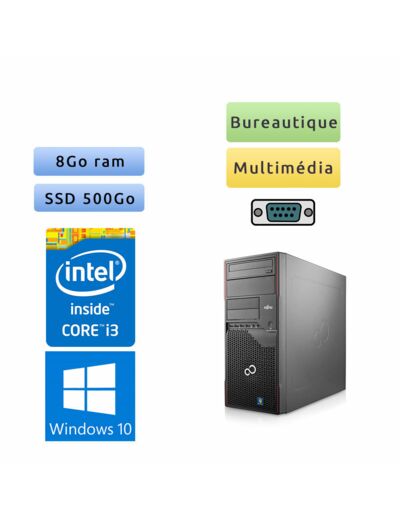 Fujitsu Esprimo P900 - Windows 10 - i3 8Go 500Go SSD - Port Serie - Ordinateur Tour Bureautique PC