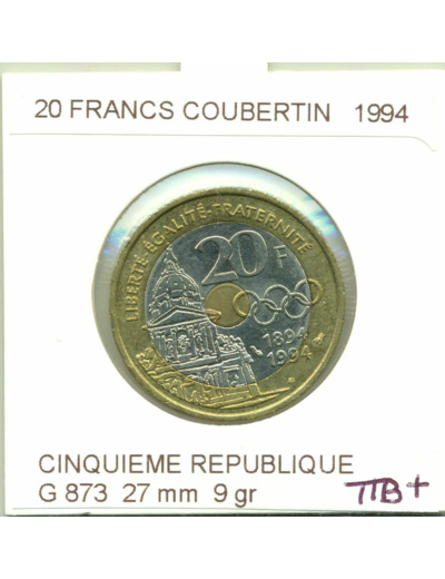 FRANCE 20 FRANCS PIERRE DE COUBERTIN 1994 TTB+