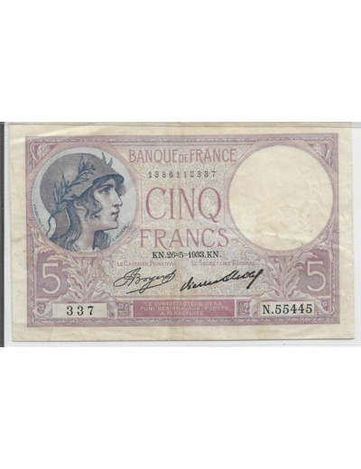 FRANCE 5 FRANCS VIOLET N.55445 26-05-1933 TTB