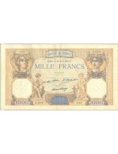 FRANCE 1000 FRANCS CERES ET MERCURE SERIE Z.1318 30 avril 1931 TTB