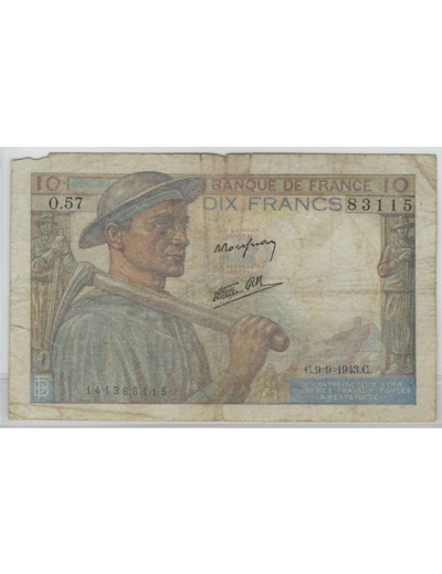 FRANCE 10 FRANCS MINEUR 9-9-1943 SERIE O.57 TB-