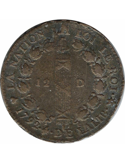 FRANCE 12 DENIERS FRANÇAIS 1792 an 4 BB (Strasbourg) TB N1