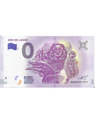 PORTUGAL 2018-1 ZOO DE LAGOS 0 EURO BILLET SOUVENIR TOURISTIQUE