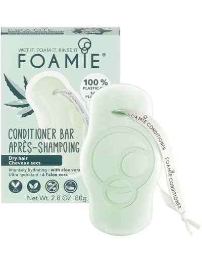 Foamie Après-Shampoing solide pour cheveux secs à l'aloe vera qui hydrate intensément les cheveux, 100% vegan, sans plastique et sans sulfates 80g Aloe Vera pour Cheveux Secs