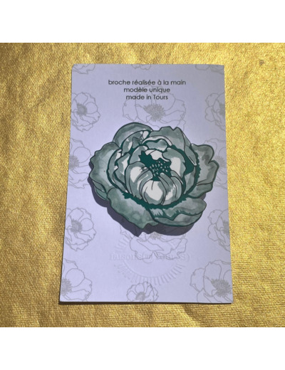 Broche pivoine aquarelle vert pistils pailletés verts