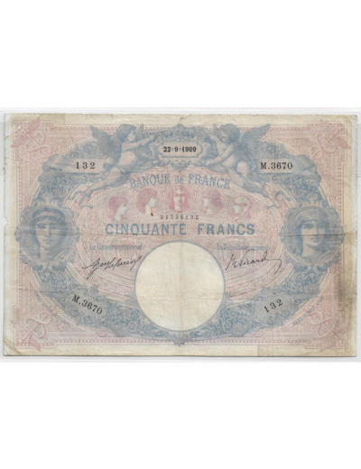 FRANCE 50 FRANCS BLEU ET ROSE SERIE M.3670 22-9-1909 TB