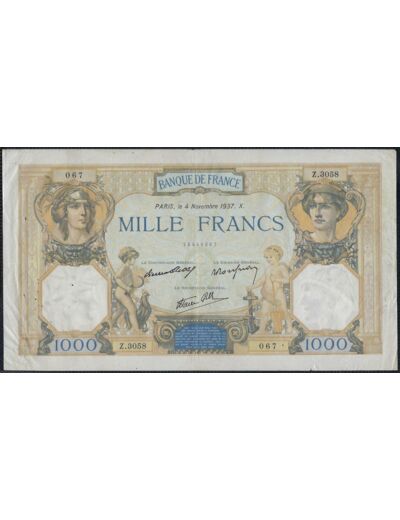 FRANCE 1000 FRANCS CERES ET MERCURE 4 NOVEMBRE 1937 Z.3058 TTB