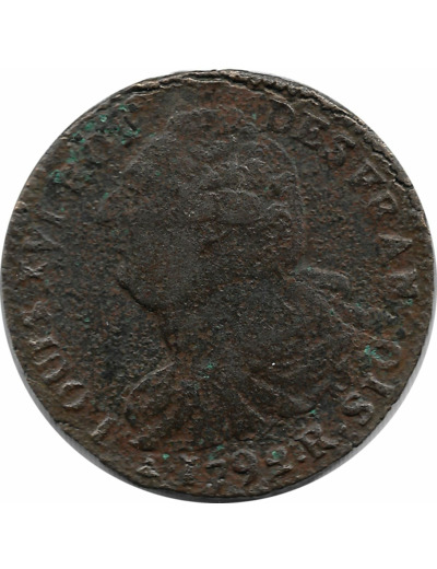 FRANCE LOUIS XVI 2 SOLS FRANÇOIS 1792 R (Orléans) 22gr95 TB