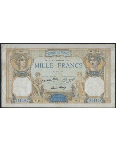 FRANCE 1000 FRANCS CERES ET MERCURE 19 NOVEMBRE 1936 W.2655 TB+