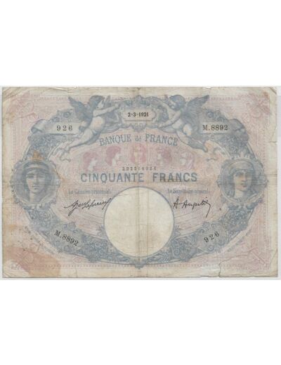 FRANCE 50 FRANCS BLEU ET ROSE SERIE M.8892 2-3-1921 TB