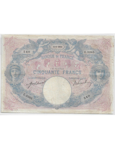 FRANCE 50 FRANCS BLEU ET ROSE SERIE E.5265 4-6-1914 TB+