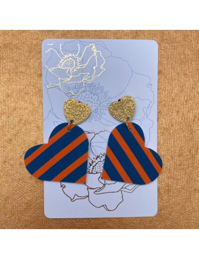 Boucles d'oreilles coeur coloris bleu rayures orange