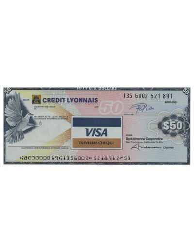 U.S.A. TRAVELERS CHEQUE VISA CREDIT LYONNAIS 50 DOLLARS 135.6002.521.891