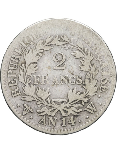 FRANCE 2 FRANCS NAPOLEON EMPEREUR AN 14 W (Lille) TB- (G495)