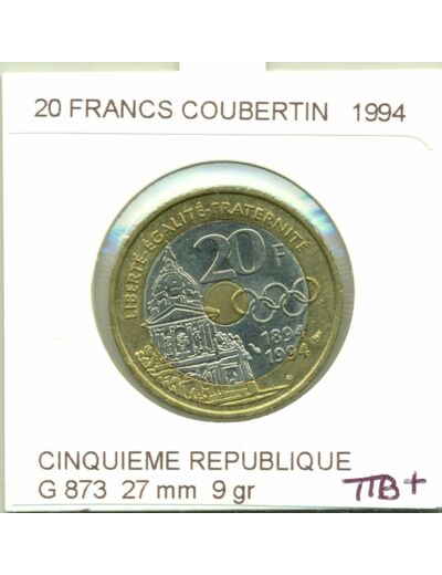 FRANCE 20 FRANCS PIERRE DE COUBERTIN 1994 TTB+