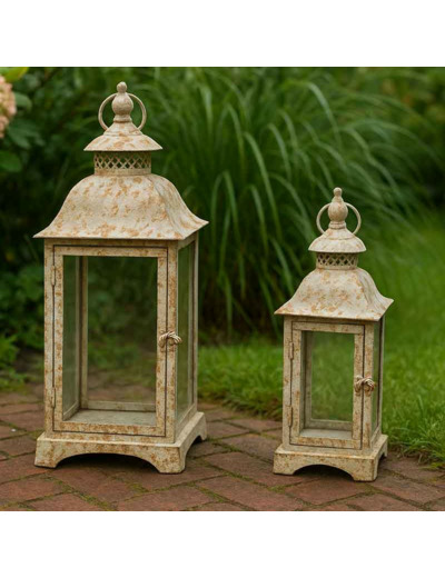 Ensemble de 2 lanternes fer gris patiné 19x19x48cm