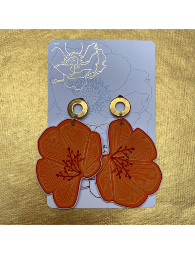 Boucles d'oreilles demi fleur asymétriques coloris orange dessin rouge