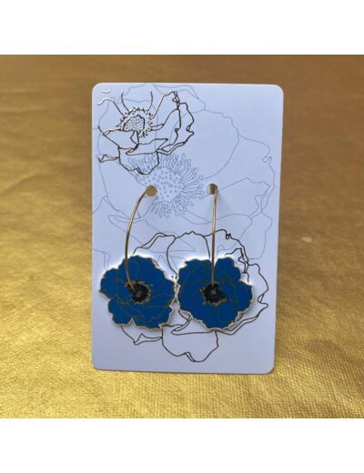 Boucles d'oreilles créoles anémone coloris bleu pistils dorés