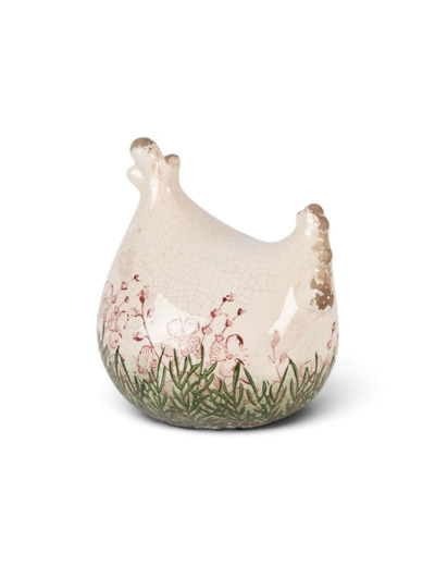 Poulet décoratif céramique beige fleuri 12x11x13cm
