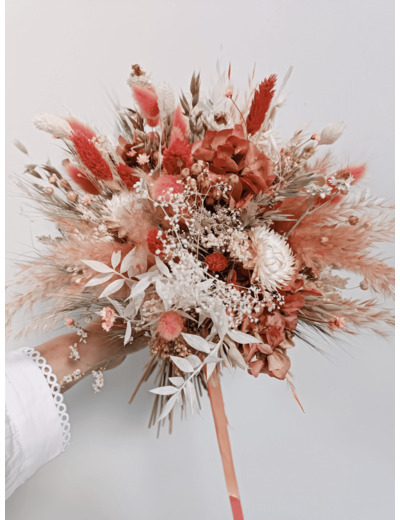 Bouquet rond fleurs sechees - blanc & terracotta