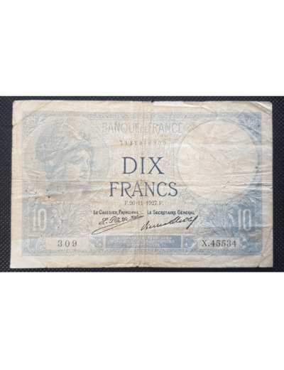 FRANCE 10 FRANCS MINERVE 26-11-1927 SERIE X.45534 TB+ F 06/12a