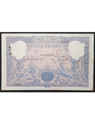 FRANCE 100 FRANCS BLEU ET ROSE 18-12-1907 J.5095 TB+ F 21/22