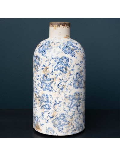 Vase Bouteille Bucolique Fleuri bleu blanc Grès 22x11cm