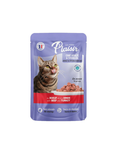 Repas Plaisir Chat, émincés au BOEUF et à la DINDE en sauce - 100g