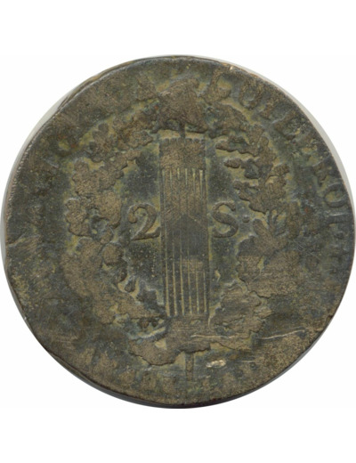 FRANCE LOUIS XVI 2 SOLS FRANÇOIS 1792 R (Orléans) B+