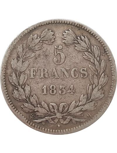 FRANCE 5 FRANCS LOUIS-PHILIPPE I 1834 H (La Rochelle) TB+ G678