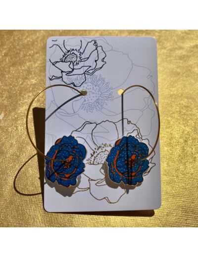 Boucles d'oreilles créoles pivoine coloris bleu et orange pois argent