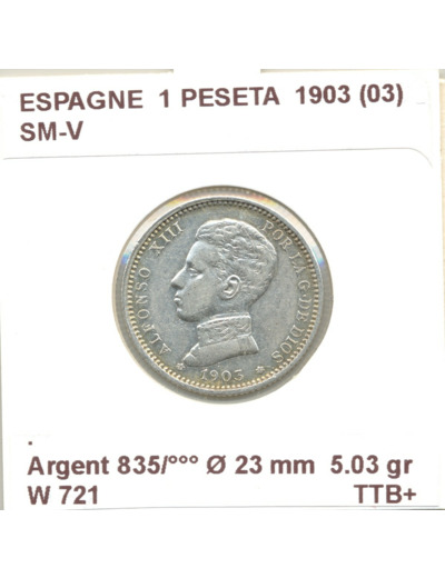 Espagne ( SPAIN ) 1 PESETA 1903  (03)  SM-V  TTB+