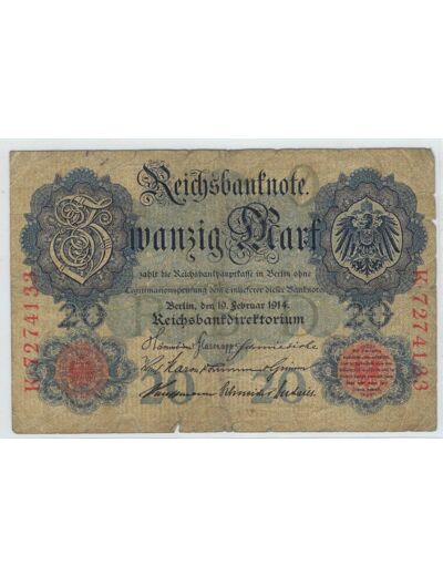 ALLEMAGNE 20 MARK SERIE K 19-02-1914 TB+