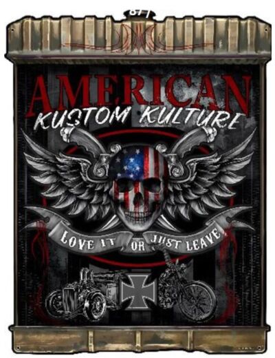 Plaque métal relief "American Kustom Kulture: Love it or just Leave it" - 31 x 39 cm