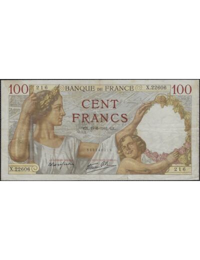 FRANCE 100 FRANCS SULLY 19-6-1941 X.22606 TTB (F26/54)