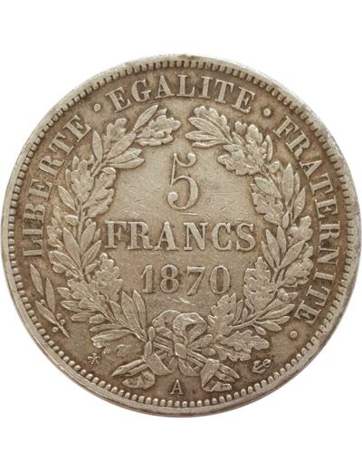 FRANCE 5 FRANCS CERES 1870 A (Paris) TTB