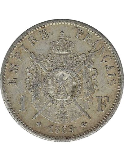 FRANCE 1 FRANC NAPOLEON III TETE LAUREE 1869 A (Paris) TTB+