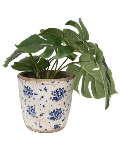 Pot de fleurs céramique beige motif fleurs bleues 11x10cm