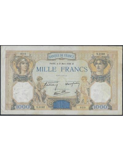 FRANCE 1000 FRANCS CERES ET MERCURE 31 MARS 1938 V.3182 TB+