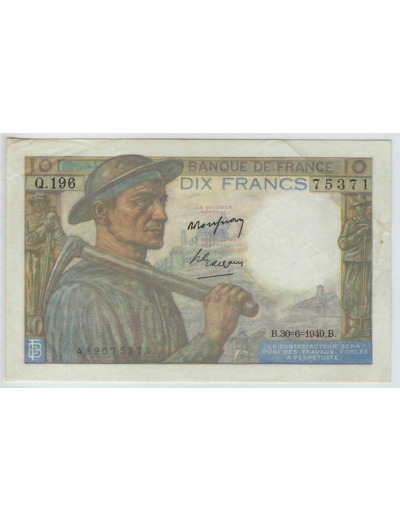 FRANCE 10 FRANCS MINEUR TYPE 1941 30-6-1949 Q.196 SUP