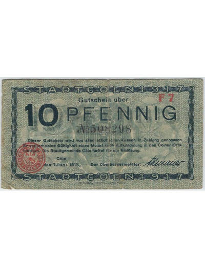 ALLEMAGNE 10 PFENNIG STADT KOLN 1 JUIN 1918 SERIE F7 TB+