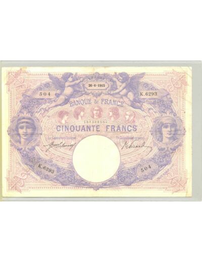 FRANCE 50 FRANCS BLEU ET ROSE 26 06 1915 SERIE K.6293 TTB