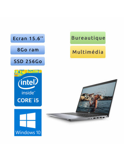 Dell Latitude 5520 - Windows 10 - i5 8Go 256Go SSD - 15.6 - Webcam - Ordinateur Portable PC