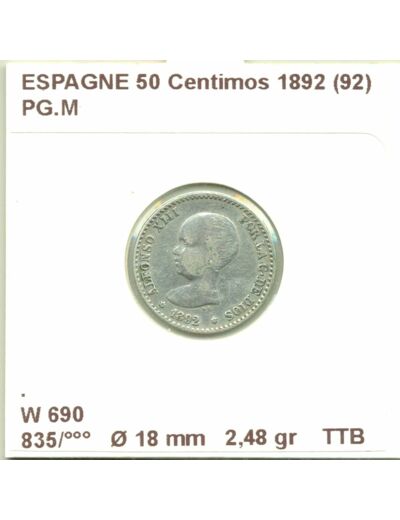 ESPAGNE 50 CENTIMOS  1892 (92) PG.M TTB