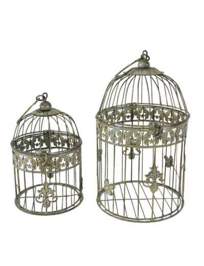 Ensemble 2 Cages Décoratives Ronde à Suspendre en Métal Vert Patiné 19x40cm